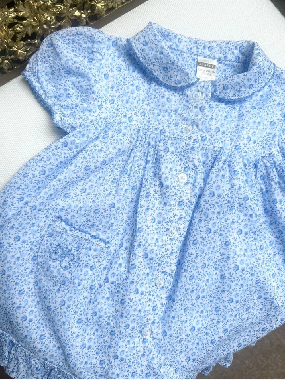 George Vintage Cottagecore Whimsy Blue Ditsy Floral Dress Set Size 6-9 Months
